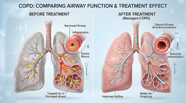 Visual explanation of COPD Comparing constricted lung airways before treatment with improved function and airflow after management