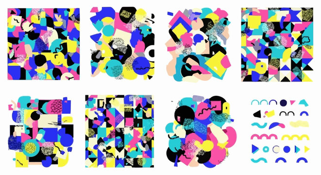 Geometric Memphis pattern collection, trendy retro vector design