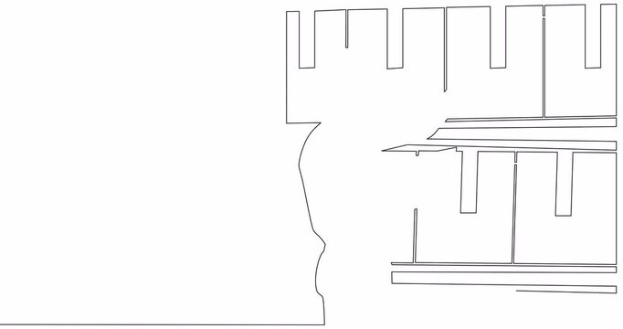 Self drawing line animation Warehouse manager checks the availability of goods. The worker holds a tablet in his hands against of racks with boxes continuous one single line drawn concept video