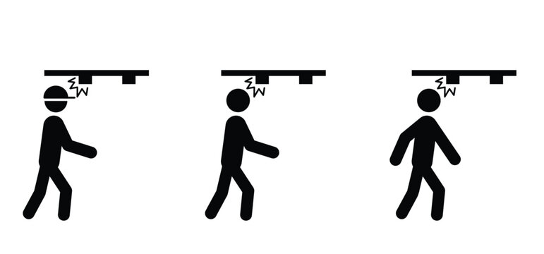 Put on your head, don't bump. Stop, doe not enter. Caution, warning sign. Mind or watch your head. Sccidents at home or at work.