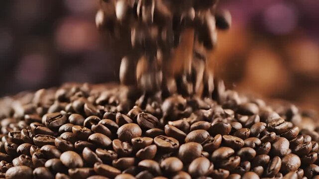 Closeup shot of roasted coffee beans falling into a pile slow motion 1.
