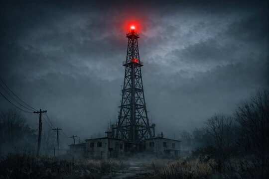 A tall structure with a bright red beacon on top