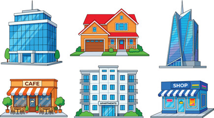 Set of modern city buildings, residential house, apartment block, office skyscraper, cafe, and shop, vector illustration. © Jarin