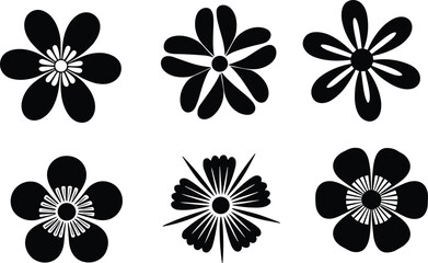 Fototapeta premium Black and white floral silhouette collection featuring decorative blooming flowers, botanical vector icons, minimalist nature design isolated artwork set bundle