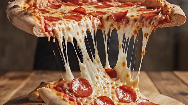 Delicious Pepperoni Pizza with Stretchy Mozzarella Cheese Pull.