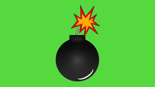Animated cartoon bomb icon with a looping motion on a green background. War, explosions, warning.