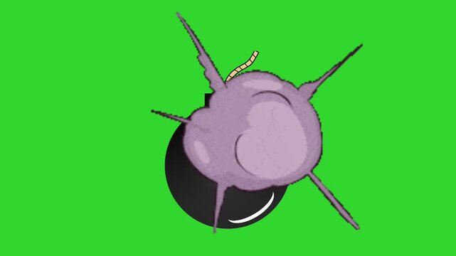 Animated cartoon bomb icon with a looping motion on a green background. War, explosions, warning.