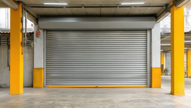 Industrial Roller Shutter Door with Yellow Support Columns.