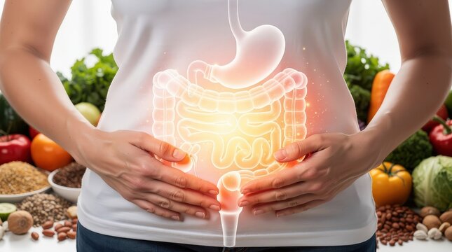 A person holds their stomach with a glowing digestive system overlay, surrounded by various healthy foods like vegetables and grains.