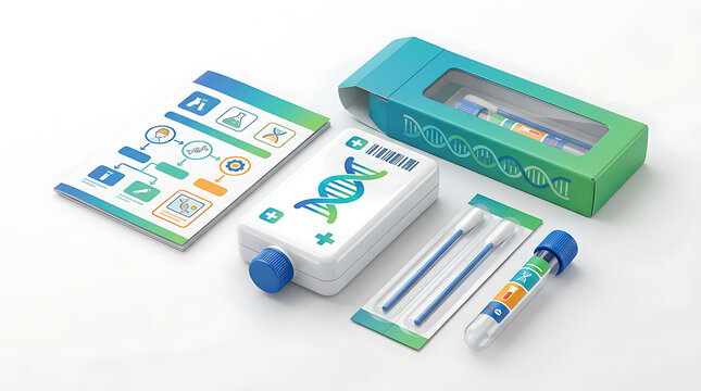 Modern medical home test kit with DNA swab and digital instructions transparent background