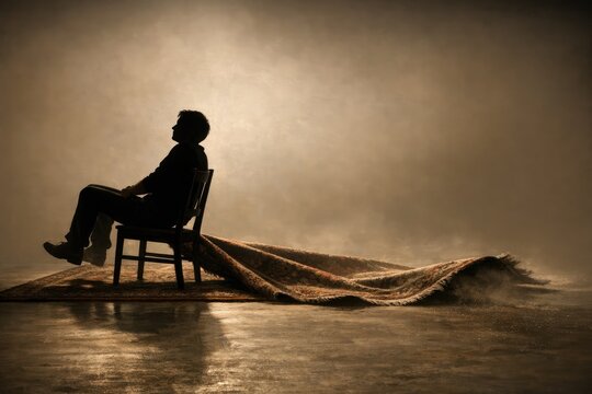 A person sitting in a chair on a rug, with a neutral expression