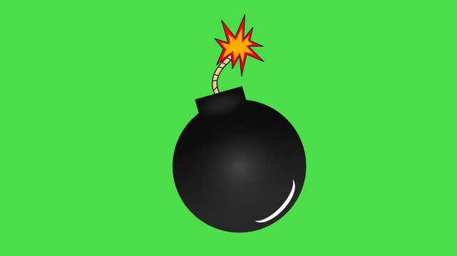 Animated cartoon bomb icon with a looping motion on a green background. War, explosions, warning.