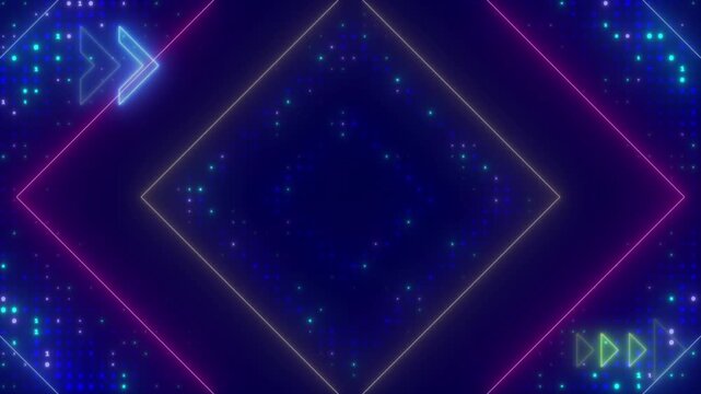 Futuristic binary code tunnel with glowing neon squares resembling sapphire and amethyst stone colors under vibrant cyberpunk lighting 4k video