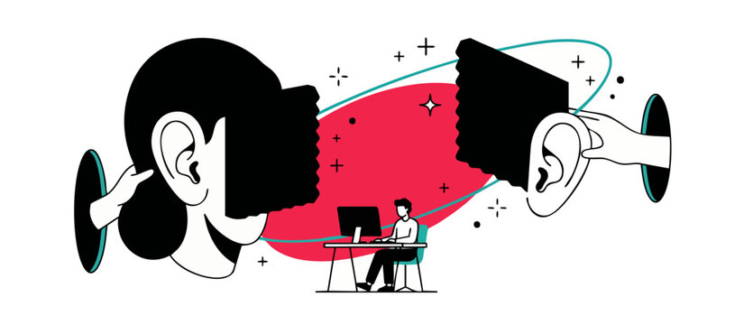 Digital surveillance communication vector concept with giant ears listening to a small man working at his office computer desk, representing data privacy, network security, and online support service.