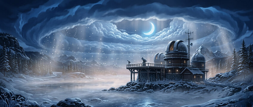 Astronomical observatory station on winter mountain at night