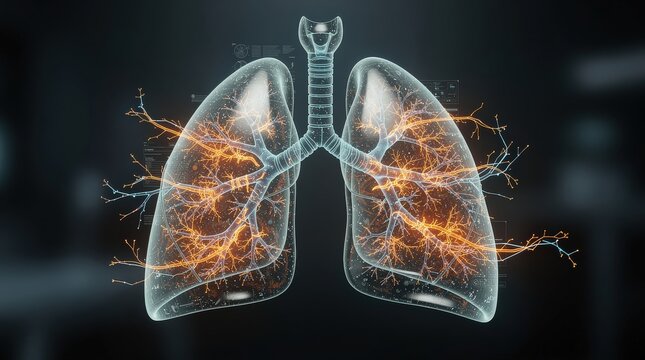 Digital illustration of human lungs with glowing nerve-like structures representing bronchial tubes and airflow pathways.
