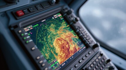 Obraz premium Cockpit weather radar displays a powerful hurricane from inside an aircraft