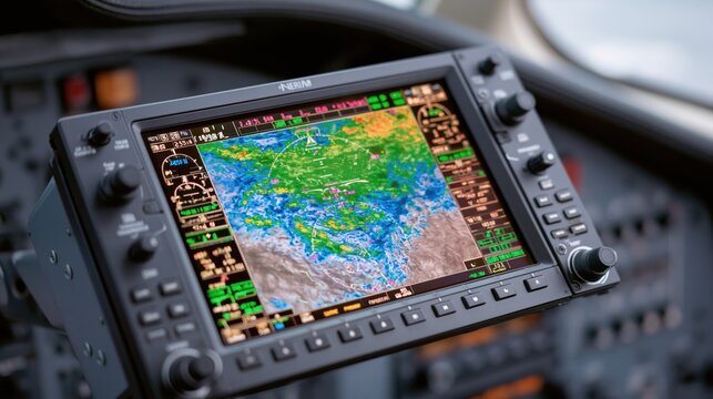 Close-up of a modern aircraft cockpit radar screen displaying weather patterns