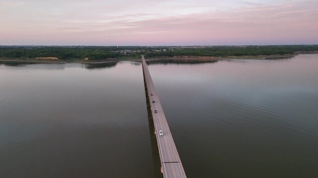 Aerial Drone View of Mile ong Bridge over Saylorvill Lake, Iowa