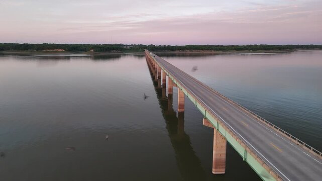 Aerial Drone View of Mile ong Bridge over Saylorvill Lake, Iowa