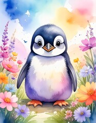 Naklejka premium Aquarell-Pinguinbaby im Frühling