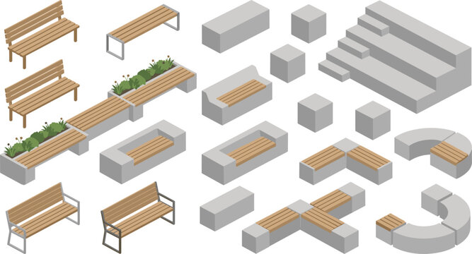 Modern Urban Bench and Concrete Seating Vector Collection for Public Park and Landscape Design