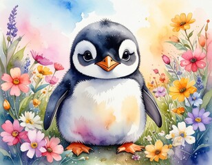 Naklejka premium Aquarell-Pinguinbaby im Frühling