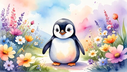 Naklejka premium Aquarell-Pinguinbaby im Frühling