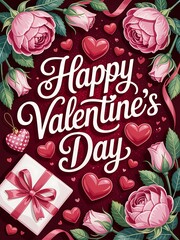 Naklejka premium Happy valentines day with roses, hearts, and gift on dark red background