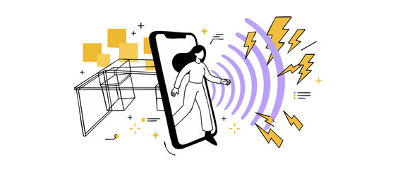 Fototapeta premium Woman stepping out of smartphone leaves office desk under fast wireless signal wave and yellow lightning bolt energy illustrating digital transformation, modern remote working, with freelance telework
