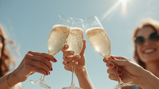 Three happy women are clinking glasses of sparkling wine under the bright sun at a summer garden party and celebration