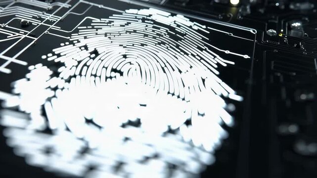 Fingerprint security identification biometric scan digital circuit technology data cyber security dark circuit board, glowing digital identity verification concept, black background white pattern