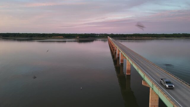 Aerial Drone View of Mile ong Bridge over Saylorvill Lake, Iowa