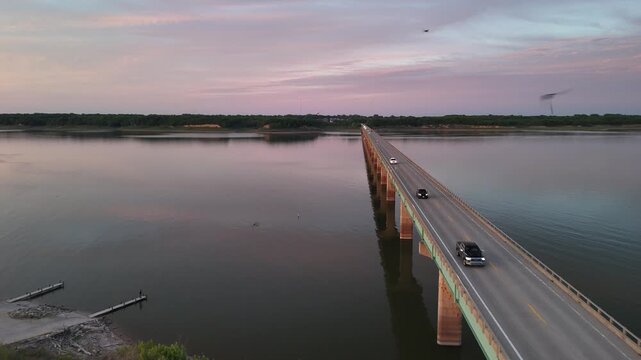 Aerial Drone View of Mile ong Bridge over Saylorvill Lake, Iowa
