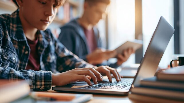 Closeup of a young student using a laptop for schoolwork soft daylight highlighting neat desk setup tutor behind holding open tablet to assist in quiet organized workspace.