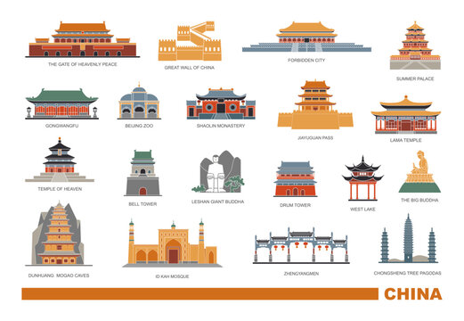 Historic China Landmarks Vector Icons Collection Set