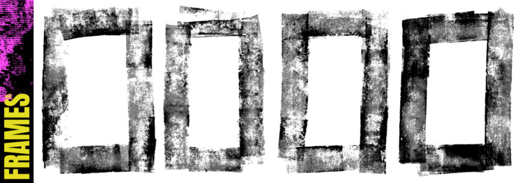 Grunge frame roller ink texture rectangle with paint print for magazine layout and poster. Urban letterpress square and linocut stamp. Grunge vector frame with vertical ribbed edges and retro vignette