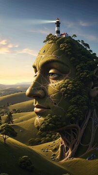 Living Face Landscape Blinking and Speaking in Surreal Coastal Scene