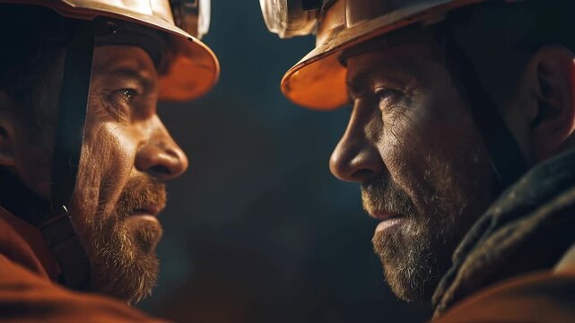 Closeup miner face to face in dark mine tunnel, rugged man with hard hat and beard, industrial worker helmet safety, dramatic closeup underground teamwork and intense eye contact