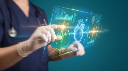 Obraz premium Doctor using futuristic holographic interface to analyze heart health data