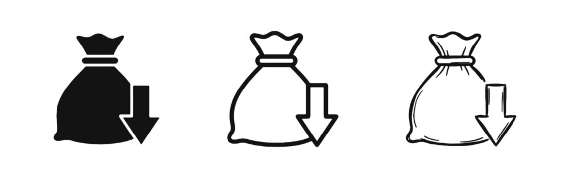 Financial Loss and Budget Reduction Icon Set Showing Money Bag with Downward Arrow