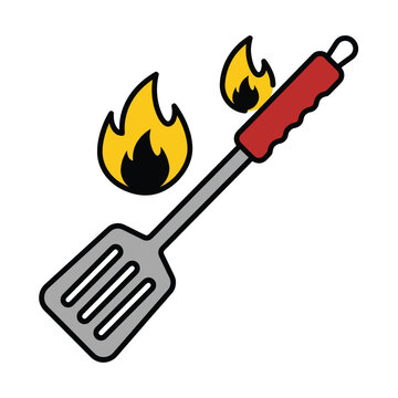 Spatula with red handle on fire.