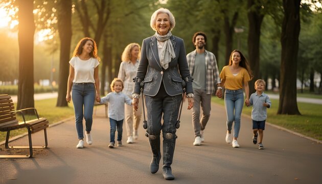 A multi gene nal family strolls through a park at sunset with an elder woman using advanced leg prosthetics