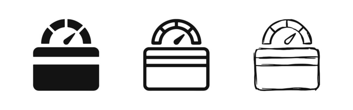 Credit score icon set showing credit card with speedometer or gauge symbol