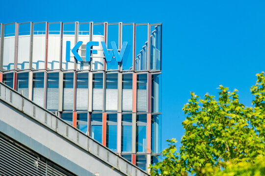 KfW development bank logo, Financial institution supporting economic, financing solutions infrastructure, SME financing infrastructure, innovation funding, corporate headquarters FRANKFURT, GERMANY