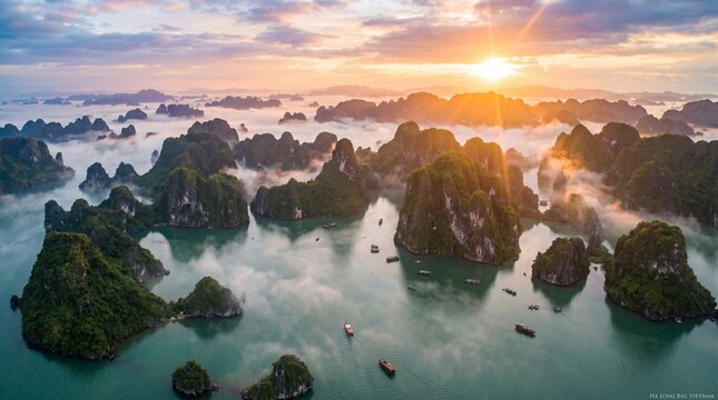 Ha Long Bay at sunrise, Vietnam, with limestone karsts shrouded in mist and boats sailing