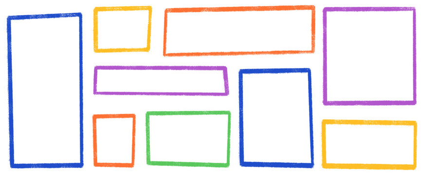 Crayon geometric frame with rectangle kid text and organic photo box square shape. Plain crayon border with chalk pencil and kindergarten color. Vector frames set for school notebook and planner.