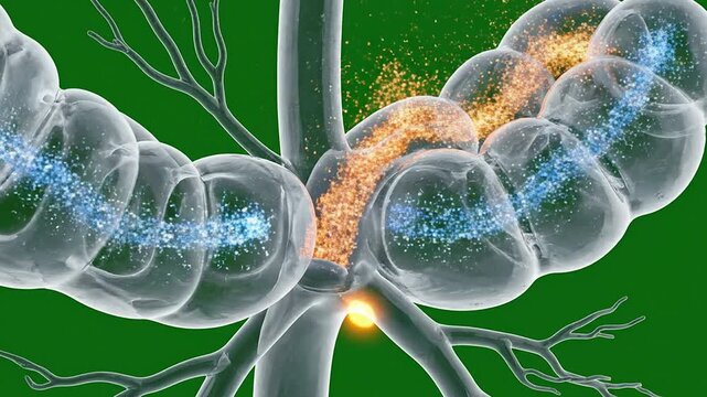 Futuristic 3D Nephron Structures Visualization with Fluid Dynamics and Highlighted Pathways on a Vibrant Green Background for Medical and Educational Use