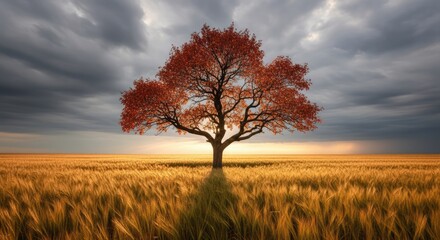 Fototapeta premium Solitary red tree in golden wheat field under dramatic sky