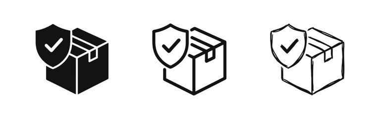 Secure Delivery Icon Set - Package with Shield in Solid Outline and Hand Drawn Styles © drawing lines